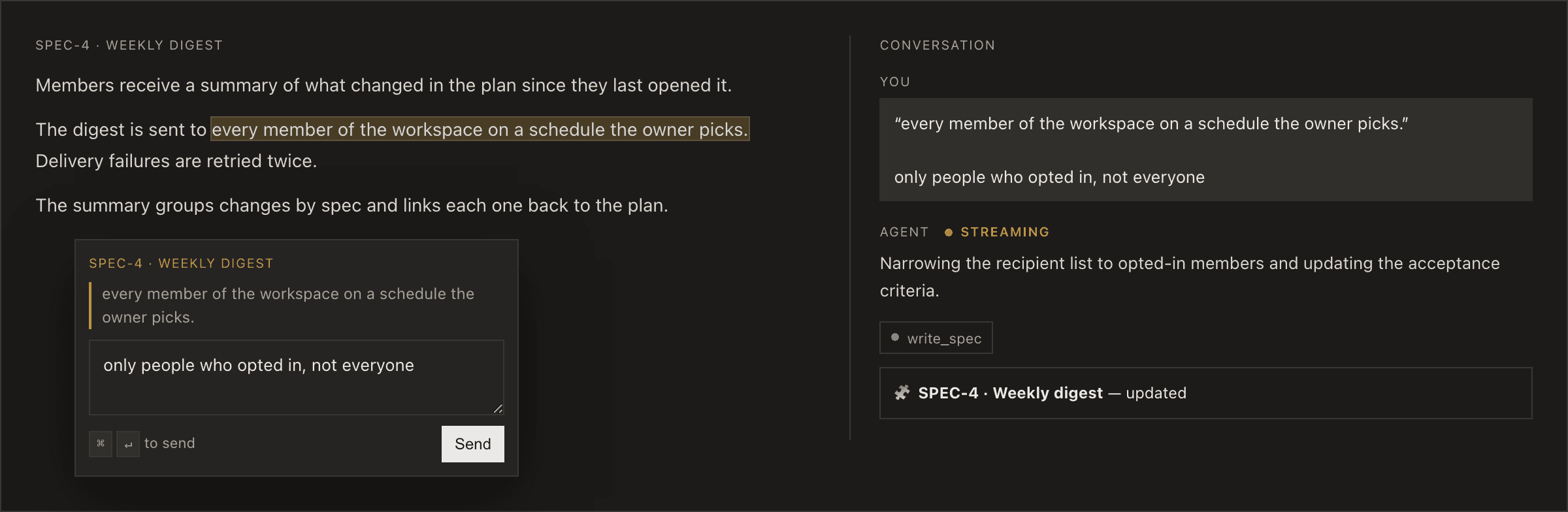 A highlighted sentence in a spec, the comment box that opens beside it, and the request landing in the conversation