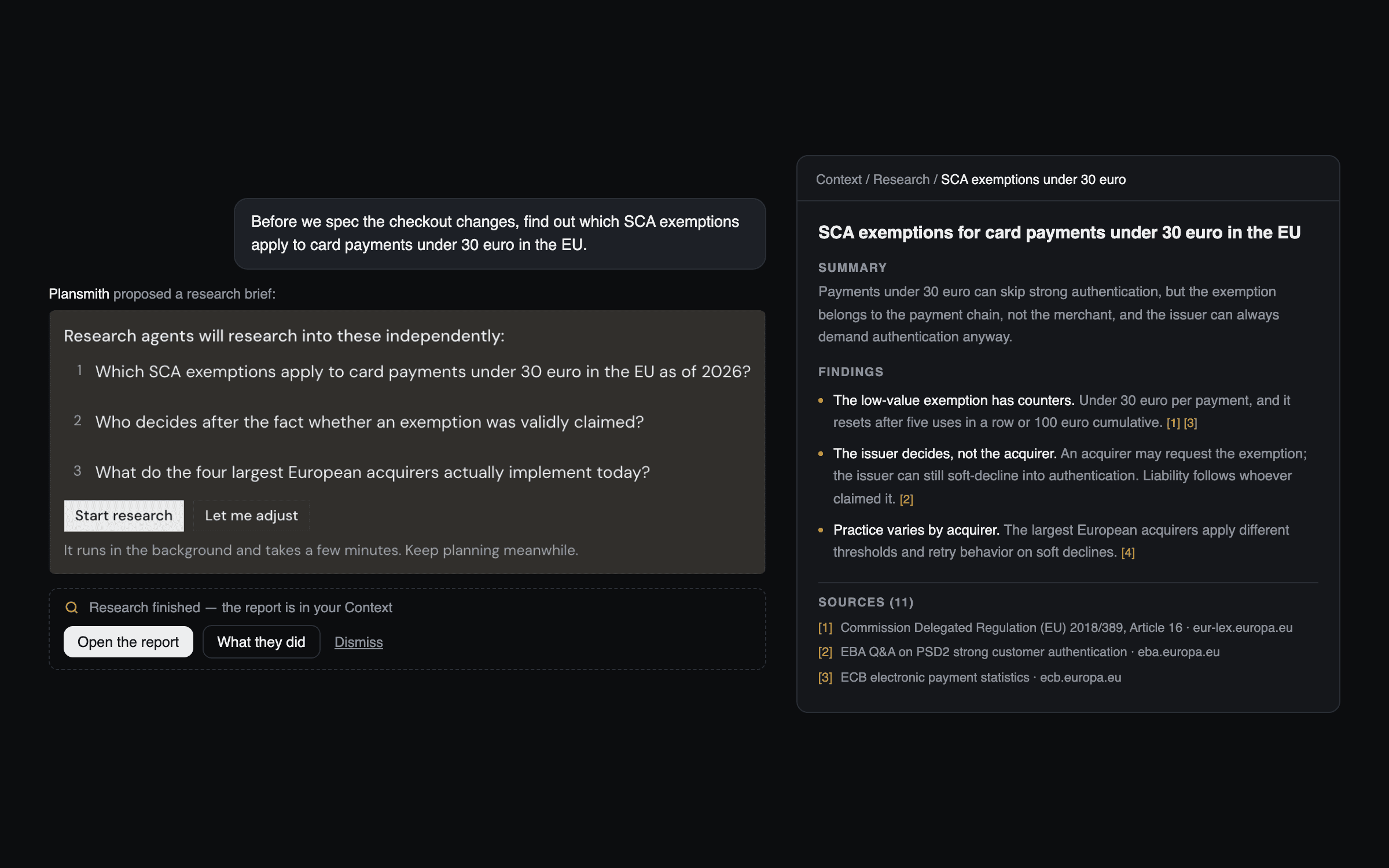 The deep research flow: a question asked in the planning chat, the research brief awaiting approval, and the sourced report in Context