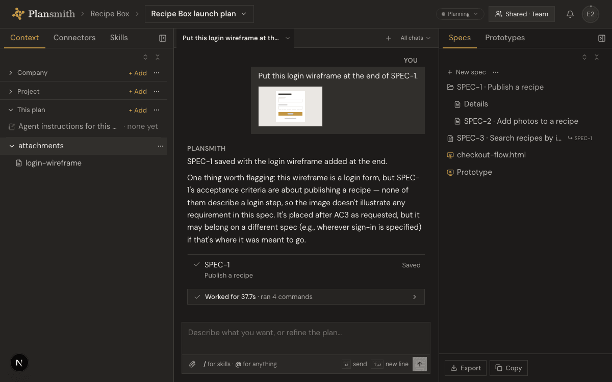 A plan conversation: the user attaches a login wireframe and asks for it at the end of SPEC-1. The file shows on the message, sits in the plan’s context under attachments, and the agent saves SPEC-1 with the picture in it.