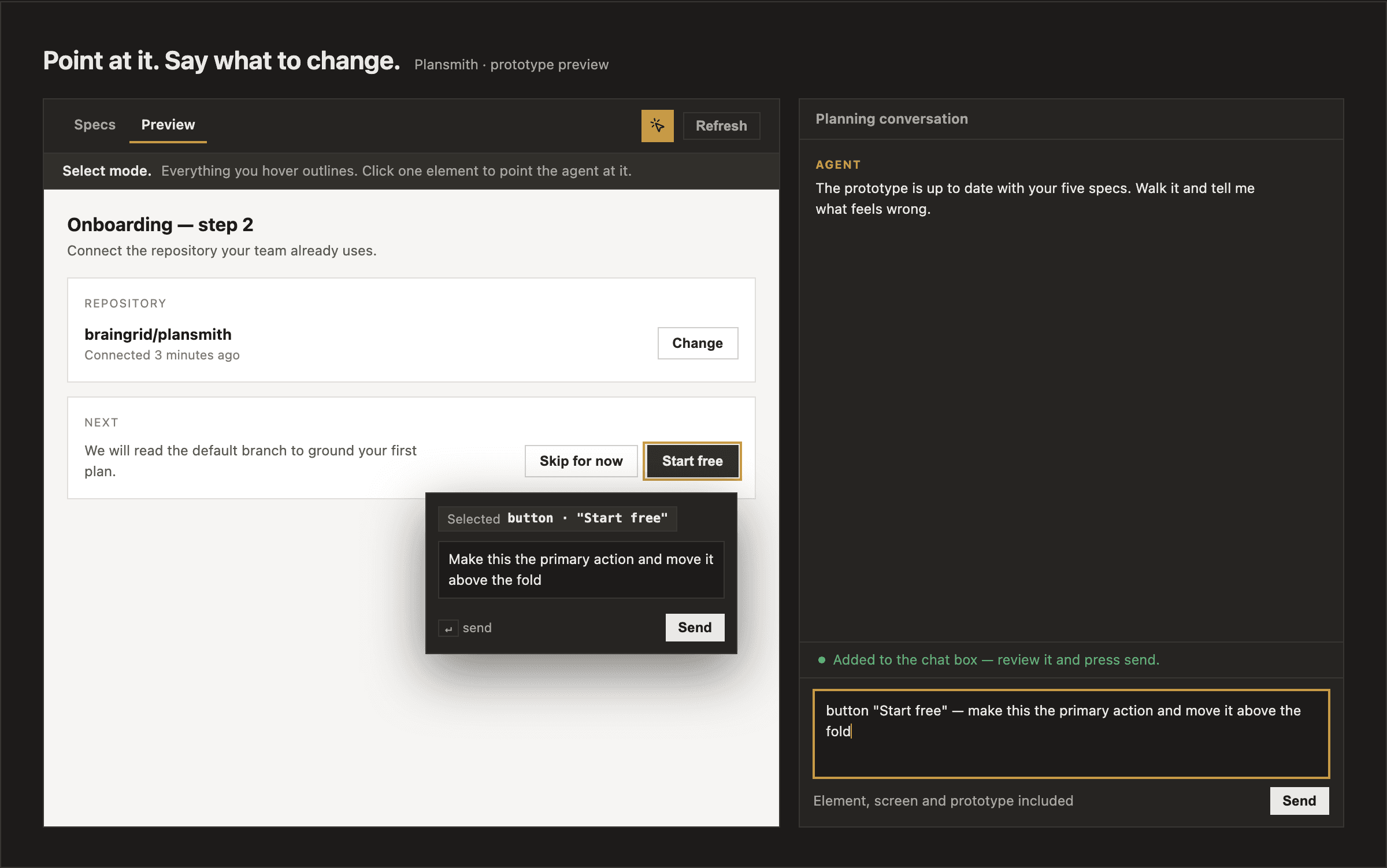 Element select armed over a prototype, an instruction typed on the picked button, and the staged turn waiting in the chat box