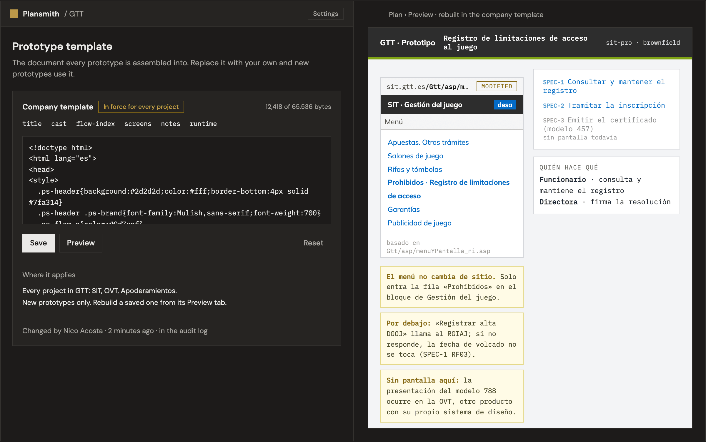 A prototype rendered in a company template, beside the Settings page where the template is edited with a live preview