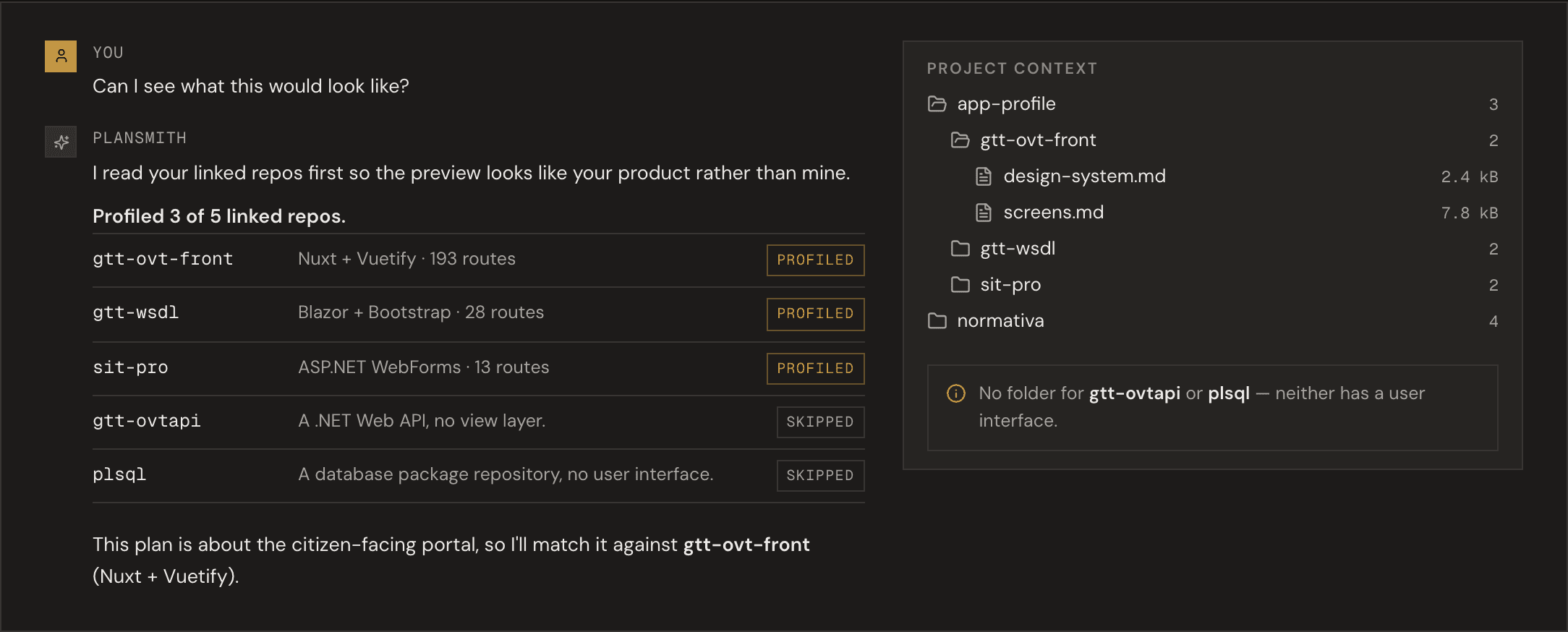 A prototype request answered with three of five repos profiled by framework, two skipped, and the folder each profile landed in