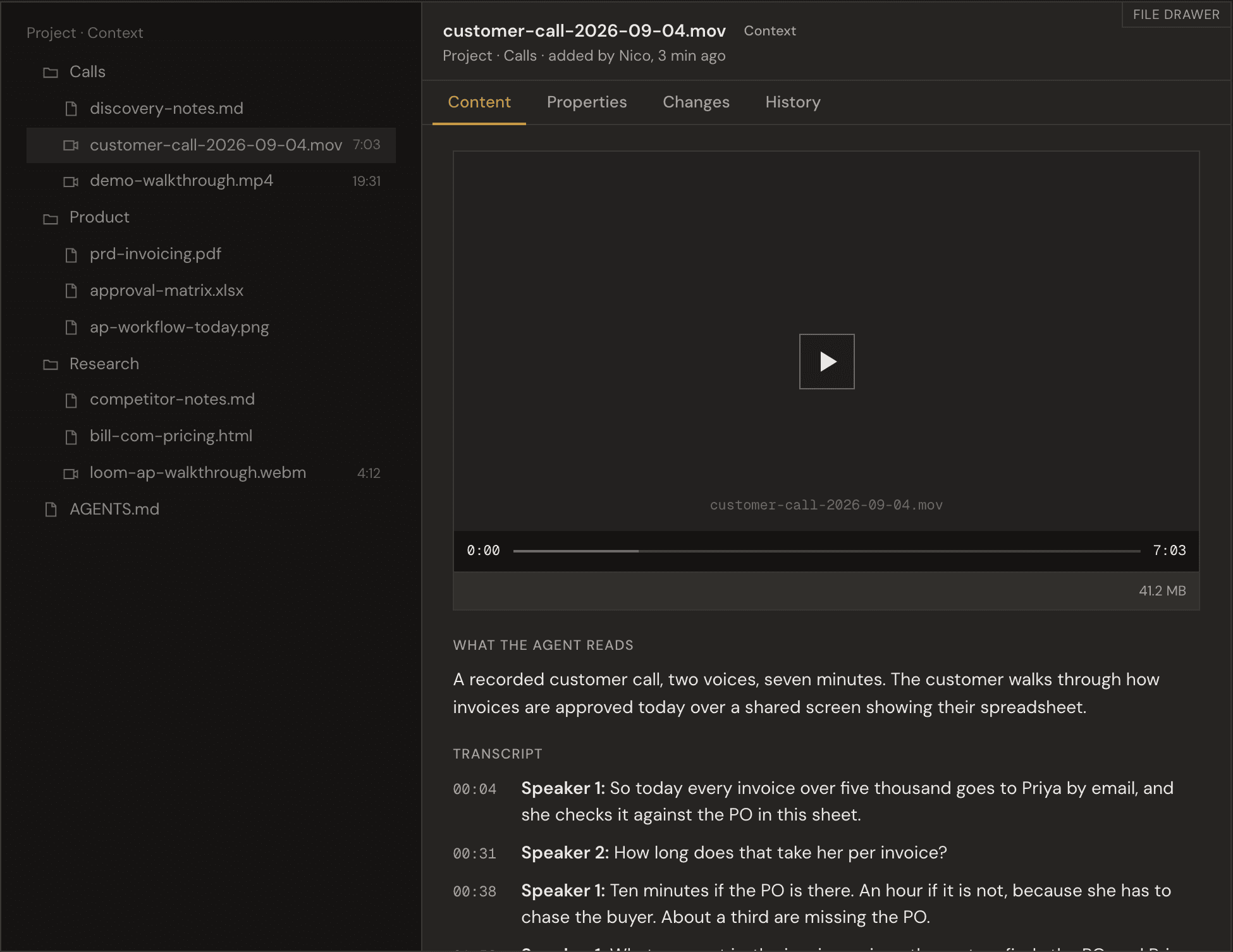 A recording open in the file drawer: the video playing above its timestamped transcript, with each speaker labelled