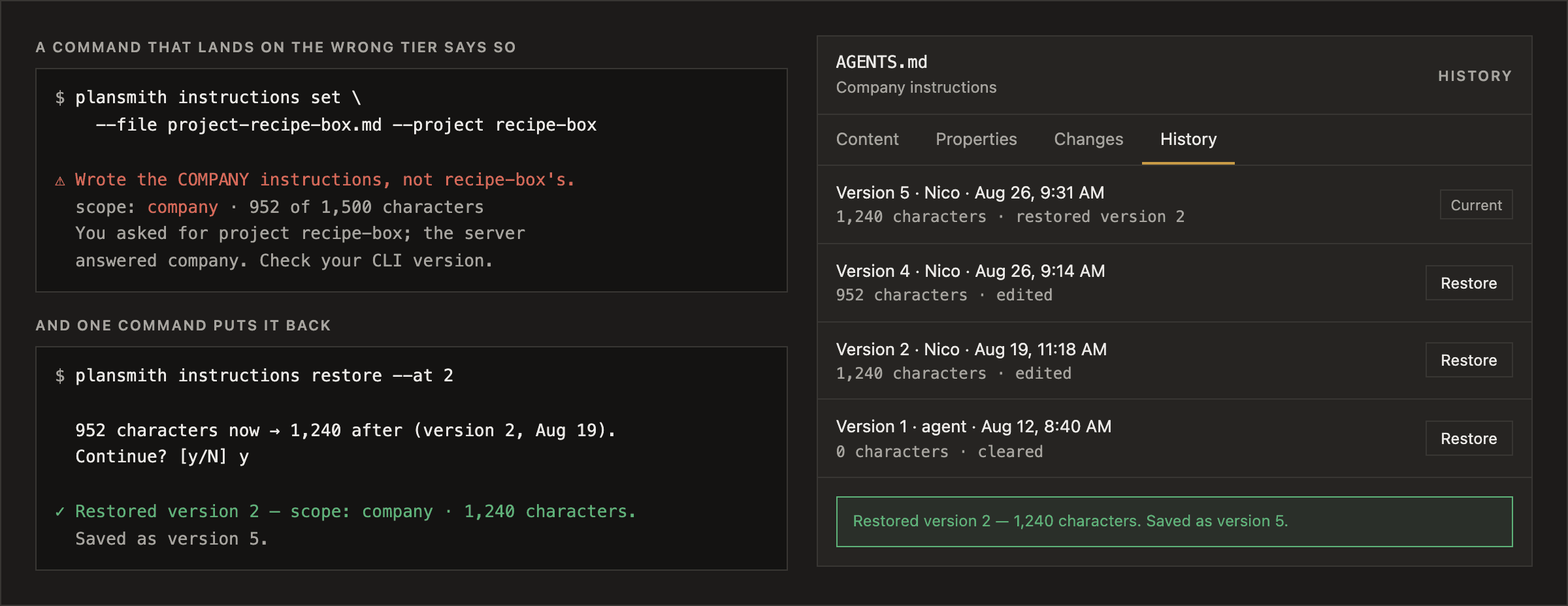 A mis-targeted instructions write flagged in the CLI, and the settings History tab restoring the previous version